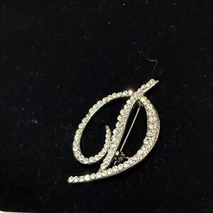 Crystal Initial 'D' Brooch Pin - Silver Tone